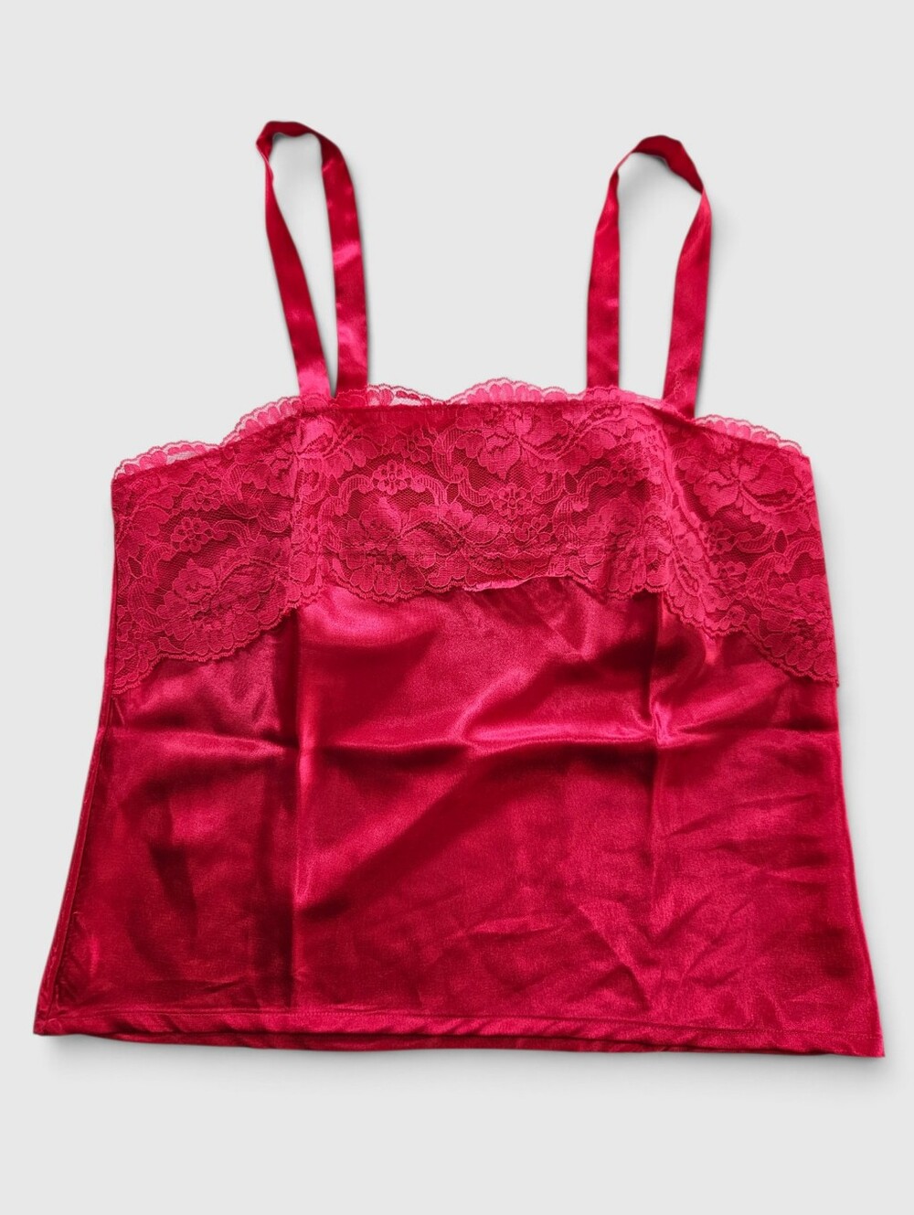 Vintage Vanity Fair Red Silky Satin Lace Trim Square Neck Camisole Tank Top 34
